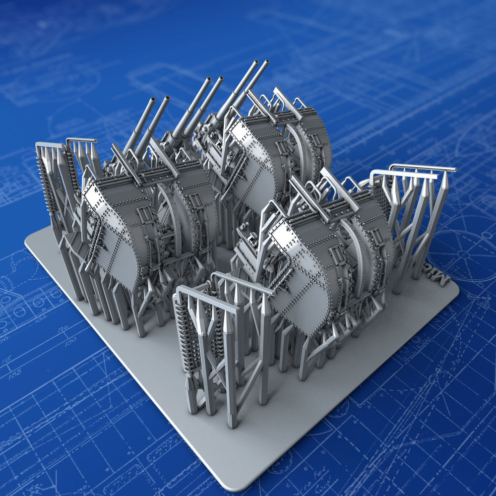 1/350 Royal Navy 4"/45 (10.2cm) QF MKXVI (MKXIX Twin Mounts, with Spent Cartridge Catch Net) x3
